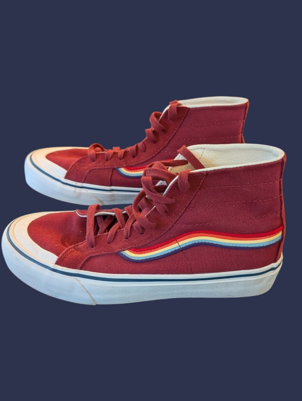 EUC Vans Sk8-Hi 138 Canvas Decon Rad Rainbow High Top Sneakers Maroon W-9 M-7.5